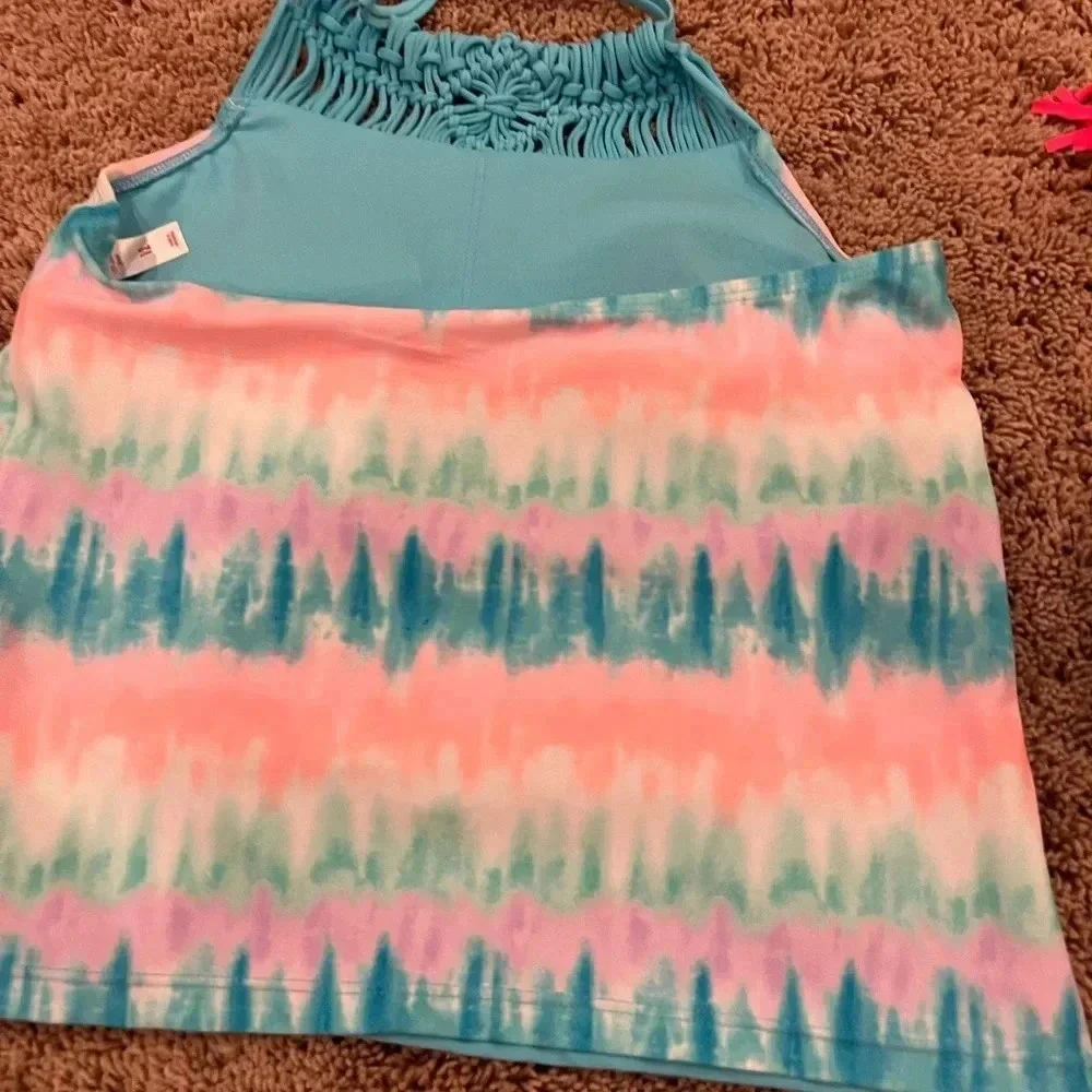 Justice girls large 12 swim set top bottom bikini tankini blue tie dye fringe